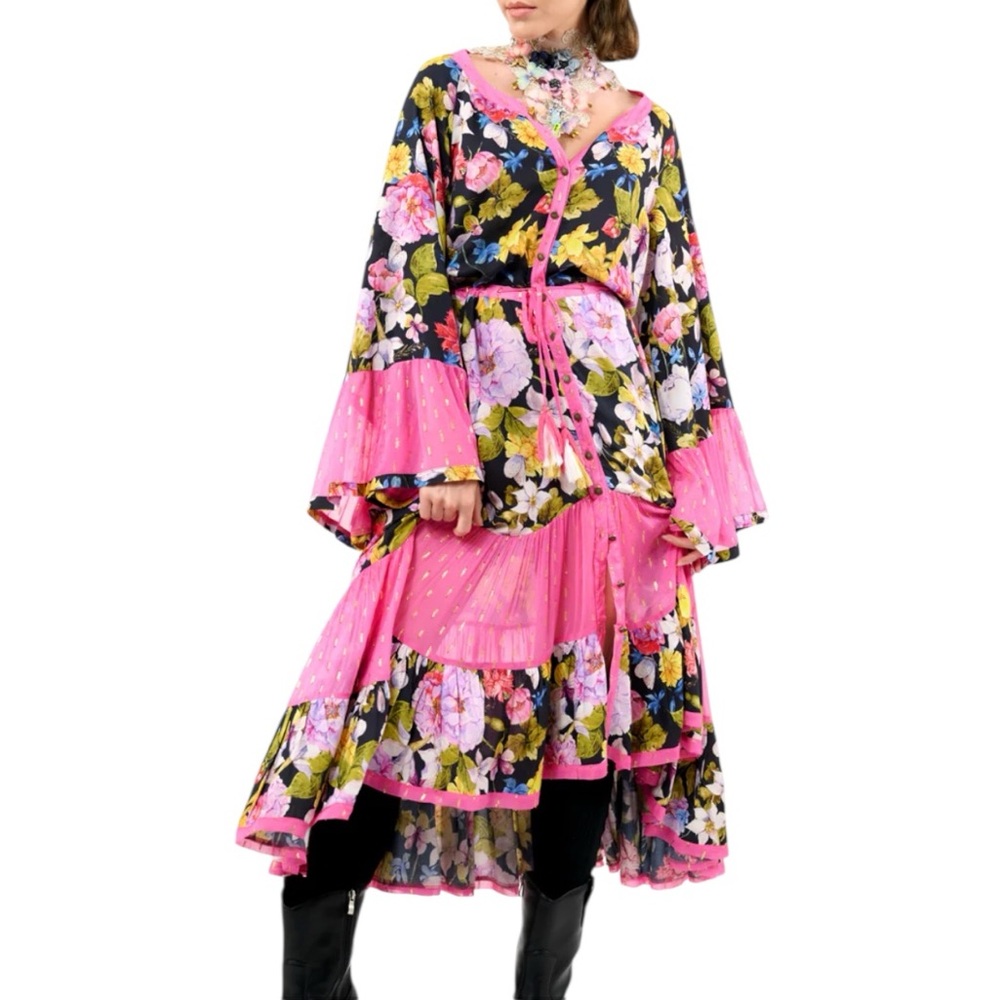 NWT Aratta Flower Bomb High Low Dress Pink Black L/S V-Neck Button Front Small